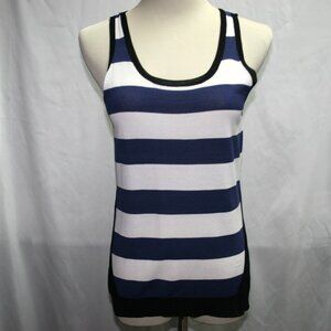 Si-iae Blue White Black Striped Cut Out Back Tank Top Size P